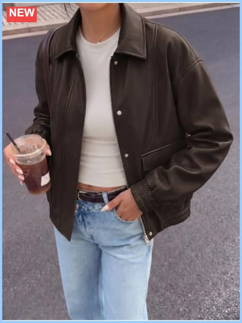 Faux Leather Jacket Women Oversized Long Sleeve Snap Zipper Lapel Collar